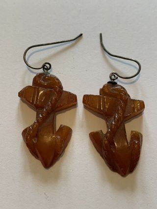 Antique Victorian Carved Real Amber Anchor & Rope Shepards Crook Earrings C1880