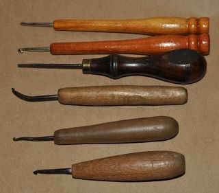 6 Antique Vintage Rug Hooking Hooks Latch Hooking Tools Bent Punch Wood Handle
