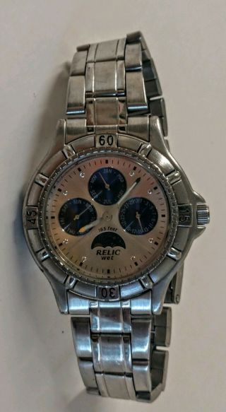 Vintage Mens Relic Moonphase Chronograph Style Watch.  Runs.  Good Shape.