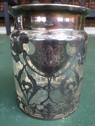 Antique Art Nouveau Sterling Silver Overlay Glass Bucket Or Jar