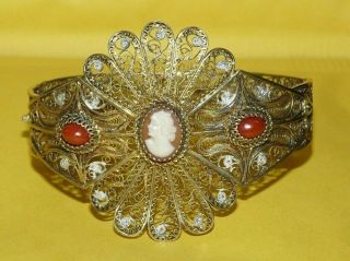 Antique Gilt Gold " 800 " Silver Filigree Carved Shell Cameo Coral Hinged Bracelet