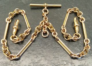 Antique Rose Rolled Gold Fancy Linked Double Albert Pocket Watch Chain By T,  H.