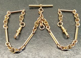 Antique Rose Rolled Gold Fancy Linked Double Albert Pocket Watch Chain By T,  H. 2