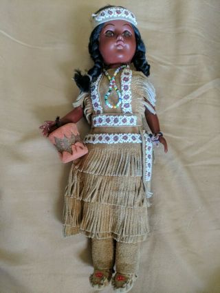 Vintage Native American Indian Doll With Papoose Sleepy Eyes Suede