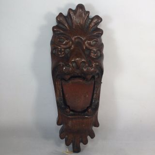 Vintage Folk Art Carved Wood Lion Demon Head String Pull Tongue Moves