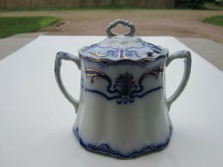 Antique Wh Grindley England Flow Blue Lotus Pattern Covered Sugar Dish Set