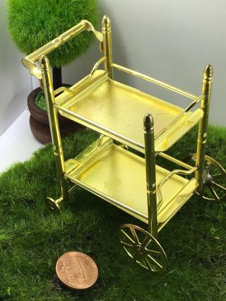 Vintage Real Metal/ Possibly Brass Tea Cart,  Rolling Doll House Miniature