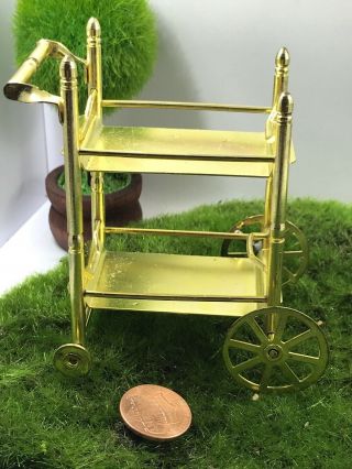 VINTAGE REAL METAL/ POSSIBLY BRASS TEA CART,  ROLLING DOLL HOUSE MINIATURE 2