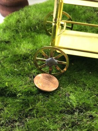 VINTAGE REAL METAL/ POSSIBLY BRASS TEA CART,  ROLLING DOLL HOUSE MINIATURE 3