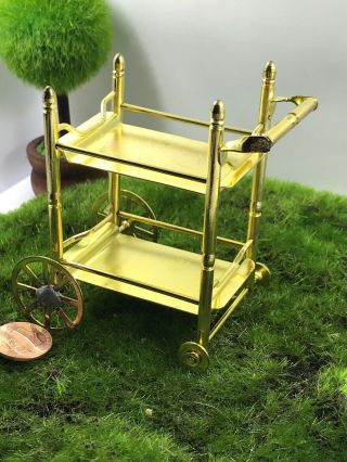 VINTAGE REAL METAL/ POSSIBLY BRASS TEA CART,  ROLLING DOLL HOUSE MINIATURE 4
