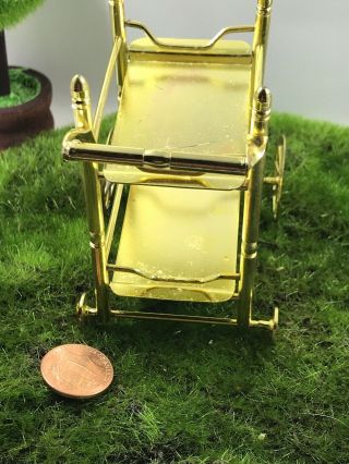 VINTAGE REAL METAL/ POSSIBLY BRASS TEA CART,  ROLLING DOLL HOUSE MINIATURE 5