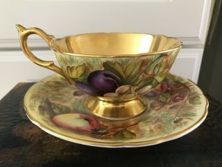 Antique Aynsley Gold Gilt Orchard Fruit Cup & Saucer:signed D.  Jones/n.  Brunt