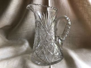 Heavy Crystal Deep Cut Large Antique Lead Pitcher American Brilliant Glass 9”