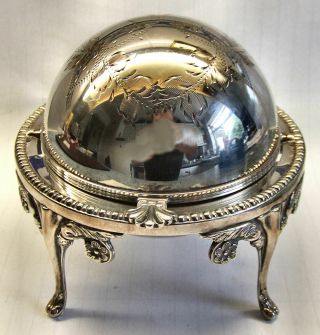 Silver Plated Scroll Engraved Roll Top Butter / Caviar Dish With Glass Liner