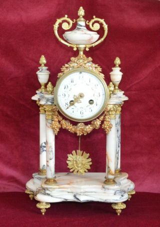 Antique Victorian French Variegated Marble & Gilt Ormolu Striking Portico Clock