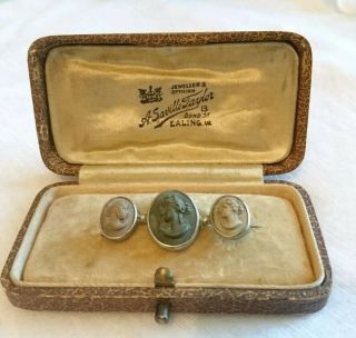 Antique Silver Lava Cameo Trilogy Brooch Circa 1860s In Presentation Box