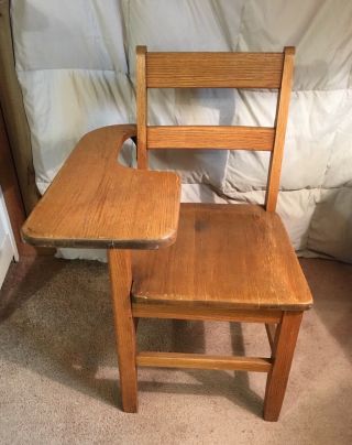 Antique Solid Oak School House Chair And Side Arm Desk