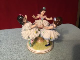 Antique German Dresden Lace Volkstedt 3 Girls Ballerina Dancer Porcelain Figur