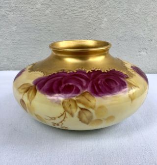 Antique Porcelain Squat Vase Limoges France Hand Painted Roses Gold Signed Myers