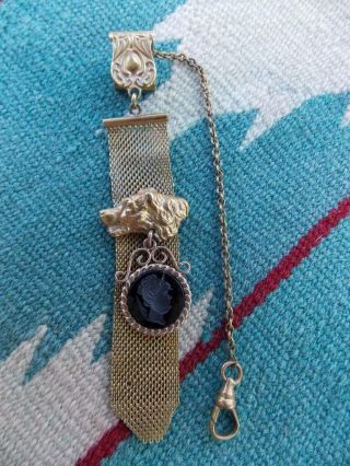 Antique Vest Pocket Watch Clip Mesh Chain Dog Dark Brown Glass Intaglio Gf Fob