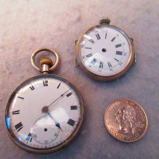 Two Antique Swiss Sterling Silver Case Wrist & Pocket Watches