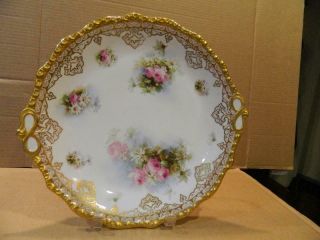 J Pouyat Limoges Round Platter Gold Trim Pink Roses Hand Painted Trim Antique