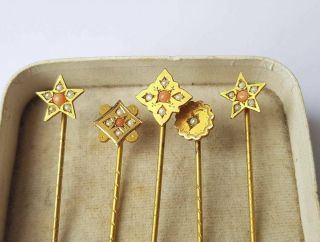 Antique Edwardian Set Of Five Gilt Metal Stick Pins Tie Pins