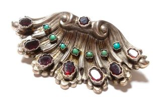 Large Antique Victorian Silver Turquoise And Garnet Brooch