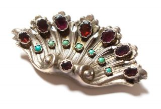LARGE ANTIQUE VICTORIAN SILVER TURQUOISE AND GARNET BROOCH 2