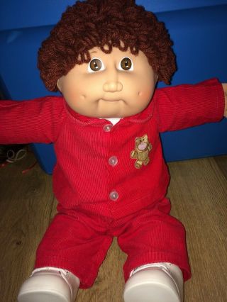 Vintage Cabbage Patch Boy Doll Brown Hair Red Corduroy Outfit,  2 Dimples