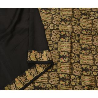 Sanskriti Vintage Black Saree Pure Silk Woven Baluchari 5 Yd Craft Fabric Sari