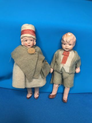 Antique 4” German Bisque Dollhouse Doll Pair Irish Small Scale Perf 4 Schoenhut