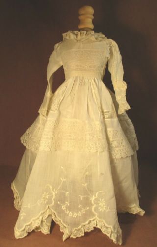 Vintage Doll Dress For 19 " - 21 " Bisque Doll - White Cotton W/laces & Embroidery
