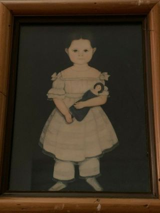 Antique Folk Art Primitives Art Print Of Little Girl Holding Doll (framed)