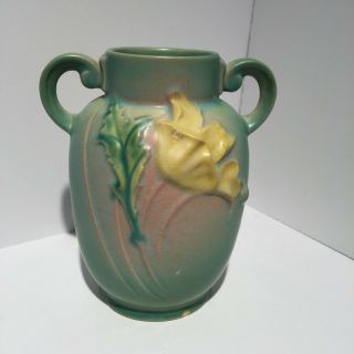 Antique Roseville Pottery Vase Poppy 867 - 6 Pattern Green & Yellow Handled Vase
