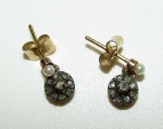 Charming,  Rare,  Antique Georgian 18 Ct Gold Earrings / Old Cut Diamonds / Pearl