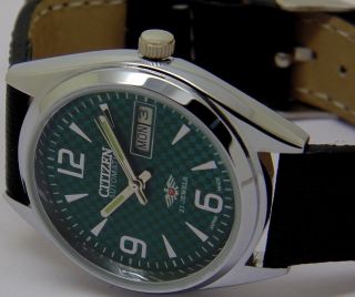 Mens Citizen Automatic Steel Vintage Day Date Green Dial Japan Watch Run Order