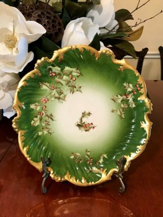 Antique T&v Limoges Porcelain 9 1/4 " Plate Xmas Holly & Berries W/ Gold Trim