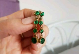 Silver & Bronze Antique Vintage Green Emerald Paste Drop Earrings