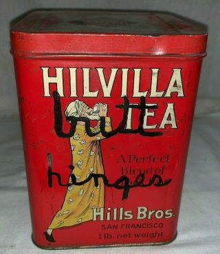ANTIQUE HILVILLA TEA TIN LITHO CAN HILLS BROS COFFEE CO SAN FRANCISCO CA GROCERY 3