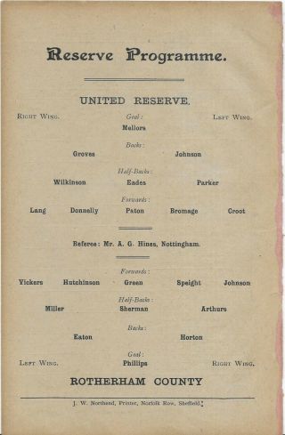 Antique Programme Sheffield United Reserves V Rotherham County 30 - 3 - 1907