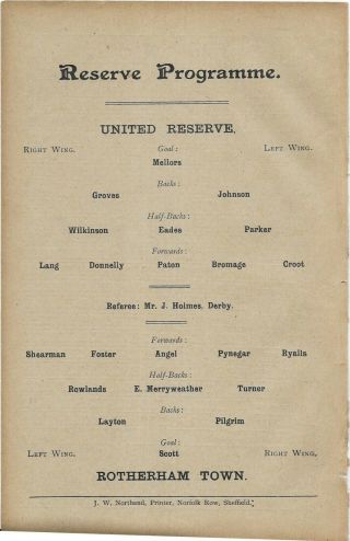 Antique Programme Sheffield United Reserves V Rotherham Town 29 - 3 - 1907