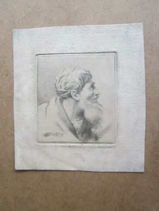 Antique 18th Century Etching,  OLD MASTER,  Portrait of Bearded Man,  Signed,  J S 2