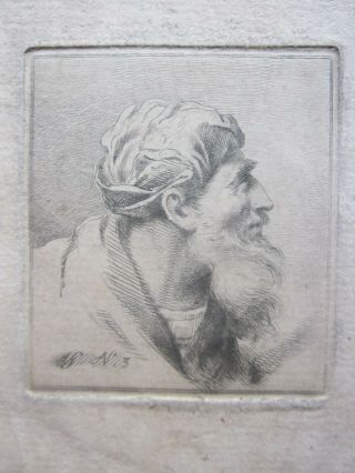 Antique 18th Century Etching,  OLD MASTER,  Portrait of Bearded Man,  Signed,  J S 3