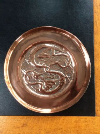 Arts & Crafts Movement Copper Tray Handworked Repousse Dragons Motif Antique