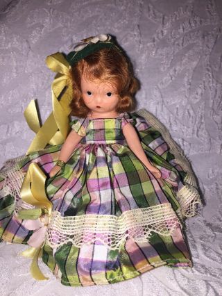Vintage Nancy Ann Storybook Doll Bisque Donnet Violet? Plaid Dress Flower Hat