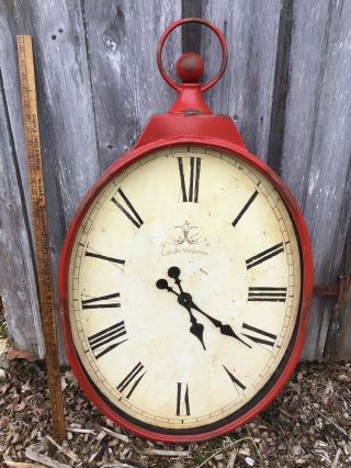Large Red Antiqued Metal Wall Clock Cafe Des Marguerites Pocket Watch Shape