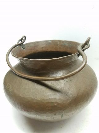 Large Arts And Crafts Hand Hammered Copper Cauldron With Handle