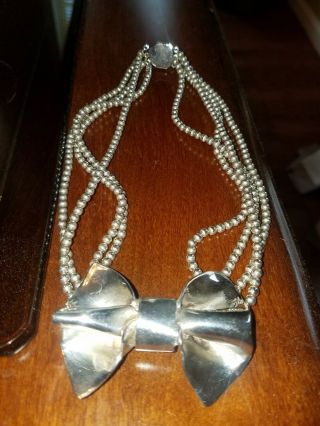 Silver Beaded Christmas Bow Antique Necklace Marked Sdc 925