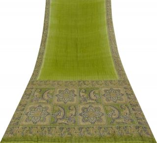 Vintage Paisley Printed Saree Khadi Silk Antique Lime Craft Sari Fabric